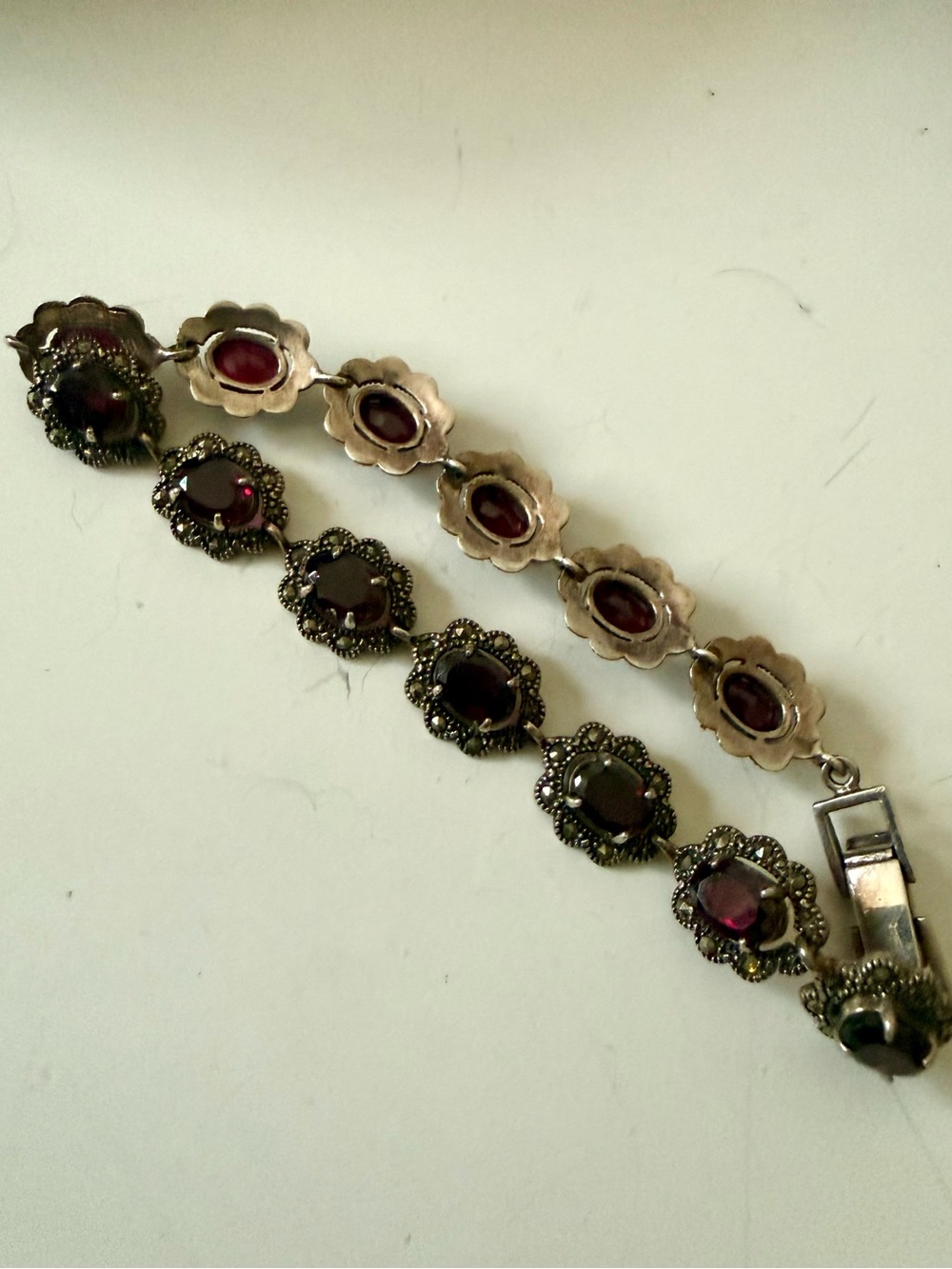 Victorian style Garnet, Marcasite, Sterling Silver 8inch Bracelet